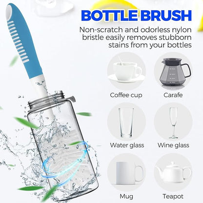 Holikme 6 Pack Dish Brush Set with Bottle Brush, Dish Scrub Brush, Pan Brush and 3 Straw Brushes, Deep Cleaning Handle Brush with Scraper Tip for Kitchen Sink Dishes Bottle Cup Pot and Pans (Azul)