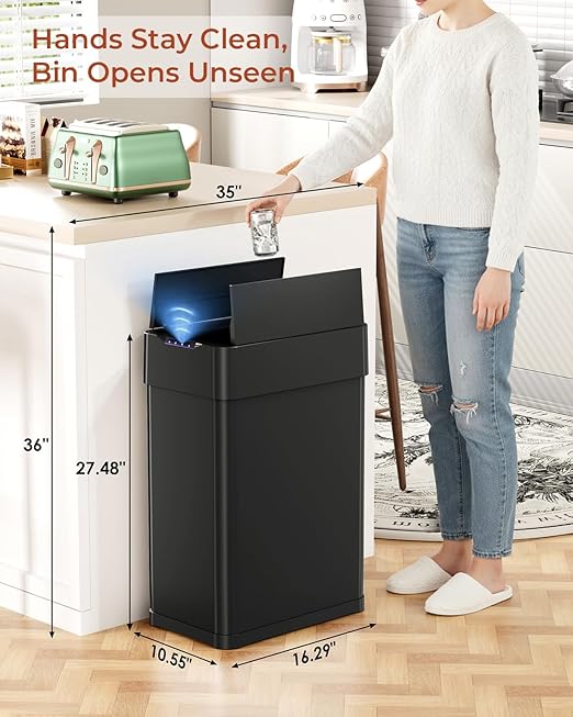 TLSUNNY 16 Gallon Automatic Trash Can, Stainless Steel Motion Sensor Garbage bin, Smart Trash Can W/Butterfly Lid, Bag Retainer Ring and Display Light for Living Room,Kitchen,Office (Black, 60L)