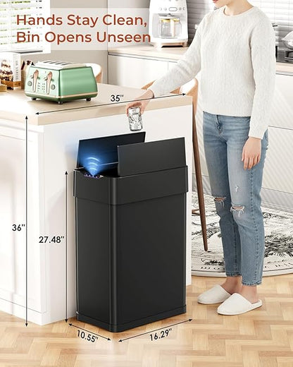 TLSUNNY 16 Gallon Automatic Trash Can, Stainless Steel Motion Sensor Garbage bin, Smart Trash Can W/Butterfly Lid, Bag Retainer Ring and Display Light for Living Room,Kitchen,Office (Black, 60L)