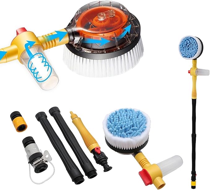 Spinning Car Wash Brush Soft Microfiber, Auto Rotate Car Brush Mop with Soap Dispenser, Exterior Car Cleaning Brush Attached to Hose,Soap Dispenser (Yellow)