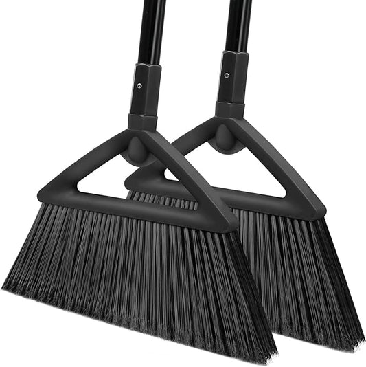 2PCS Heavy Duty Broom, Broom for Sweeeping Indoor and Outdoor, Angle Broom with Long Pole, Outdoor Broom for Courtyard/Garages/Slidewalk, Indoor Broom for Kitchen Lobby Canteen Black