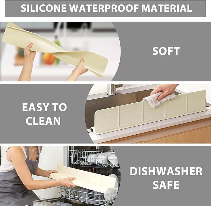 18Inch Sink Splash Guard – Extended Length & Tall Silicone Kitchen Sink Splash Guard with Overhang Drainage Design & Strong Suction Cups for Countertop (White, 18''x3.5'')