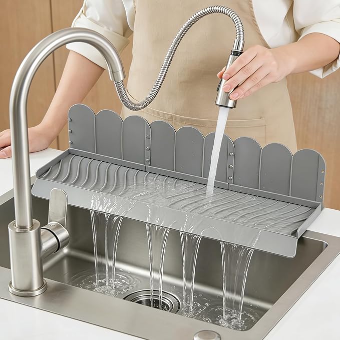 EEEKit Kitchen Sink Guard Splash: Trimmable Silicone Sink Water Splash Guard with 47 Strong Suction Cups - Water Guard for Bathroom RV Camper Sinks Island Bathtub - Heat Resistant - 20.1x7.5x4.8 inch