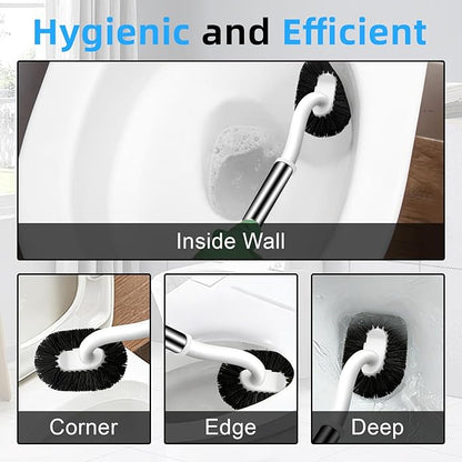 Toilet Brush and Holder Set, Curved Toilet Brush with Stainless Steel Handle, Under Rim Toilet Bowl Brush for Deep Cleaning, Drip-Proof, White