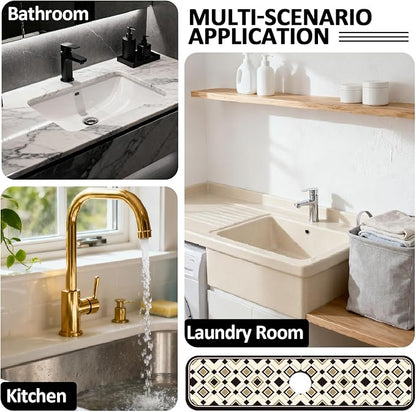2 Pcs Minimalist Style Kitchen Sink Splash Guard Faucet Mat Black and Gold European-Style Plaid Pattern Faucet Mat for Sinks Absorbing Drying Mats for Kitchen Bathroom, 23.6x5.5inch