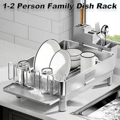 Ewaiira Dish Drying Rack, 304 Stainless Steel Dish Racks for Kitchen Counter, Dish Drainers with Automatic Drainage, Utensil Holder & Cups Holder, Space Saving Kitchen Organizer, Gray