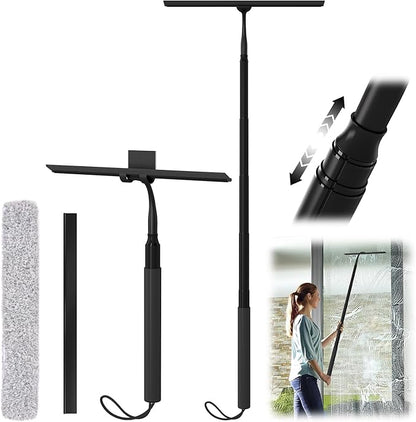 Shower Squeegee for Glass Doors, 15-51" Telescopic Shower Squeegee with Long Handle, Squeegee for Window Cleaning, Extendable Window Cleaner Tool for Tile Walls, Sliding Door, Floor, Car Windshield-BK