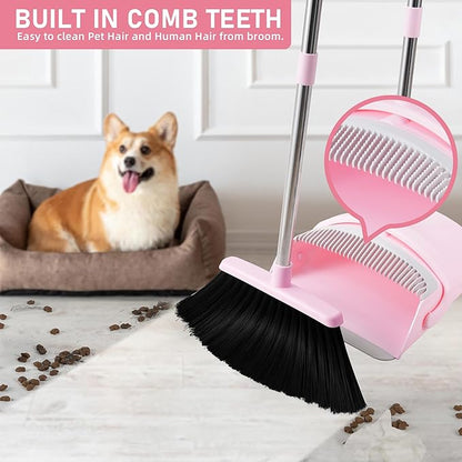 BSKLIN Broom and Dustpan Set, 52” Long Adjustable Handle Broom with Dustpan Combo Set with Dust Pan Teeth to Clean Hair for Home Lobby Office (Pink)