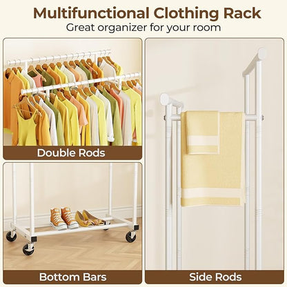 HYSEYY Double Rods Clothes Rack, Rolling Clothing Rack for Hanging Clothes Portable Wardrobe Rack, Metal Garment Rack Sturdy Coat Rack for Bedroom Laundry Living Room, White