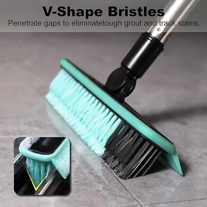Grout Cleaner Brush with Long Handle, V-Shaped Floor Scrub Brush Swivel Grout Brush Stiff Bristle Floor Grout Scrubber for Bathroom, Tile Line, Crevice, Kitchen, Wall, Deck, Garage (Green)