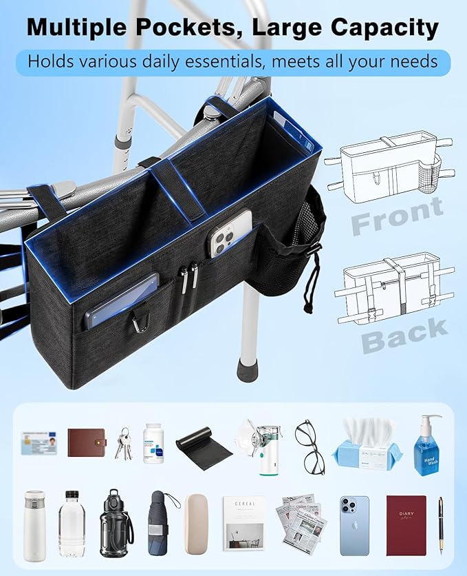 Rhino Valley Walker Bag, Secure Fit Walker Basket with Cup Holder, Large Capacity Foldable Walker Accessories for Seniors, Detachable Folding Walker Pouch Organizer for Older Elderly Gifts, Black