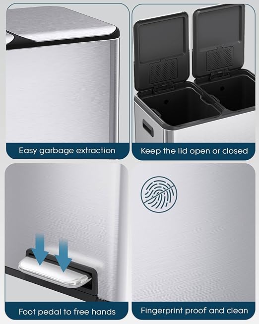 ComfyCorner 16 Gal (2 x 30 L) Dual Trash Can, Stainless Steel Kitchen Garbage Bin, Recycle Dustbin with Odor Control Box, Soft-Close Lid, Inner Buckets, Side Handle, Step Pedal, for Home Office