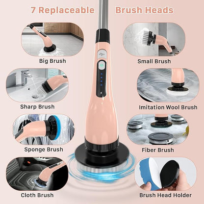 Electric Spin Scrubber with 7 Replaceable Brush Heads, 2-Speed Power, Extendable Handle up to 54 Inch – Bathroom, Shower, Bathtub, Tile & Kitchen