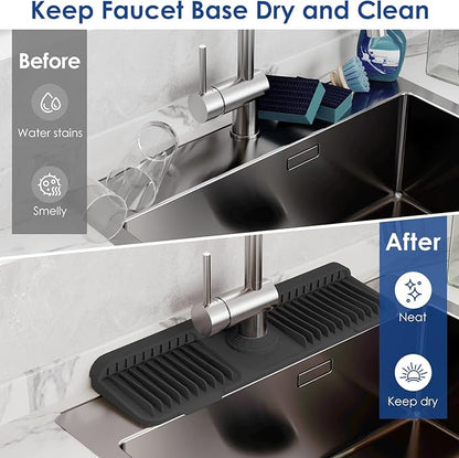 17.7 Inch Silicone Faucet Mat for Kitchen Sink Splash Guard - 7° Slope Upgraded Water Draining Mat with Fasten Button for Bathroom Area(Black, 17.7''x5.5'')