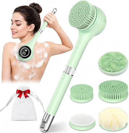 Electric Body Brush Back Scrubber for Shower, Waterproof Long Handle Power Auto Body Scrubber with 5 Heads, 3-Speed Rechargeable Bath Brush for Women, Men, Deep Cleansing, Exfoliating, Massage Skin