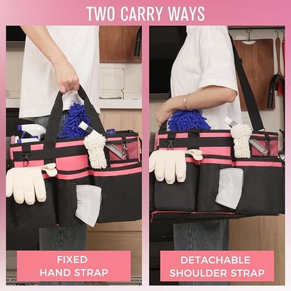 SCAVATA Wearable Cleaning Caddy, Cleaning Caddy Supplies Organizer with Handle & Shoulder Straps for Housekeepers, Under Sink & Car Cleaning Tool Organizers Bag with 4 Foldable Divider (OleanderRed)