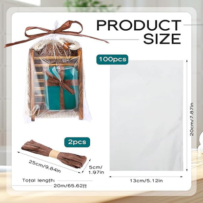 Threehoney 72 Pcs Soap Saver Set Including Wooden Dish Exfoliating Bag Saver Pads Bulk with 100 OPP Transparent Bags 2 Bundles Paper Ropes for Wedding Homemade Gift Mother‘S Day(Carbonized Color)