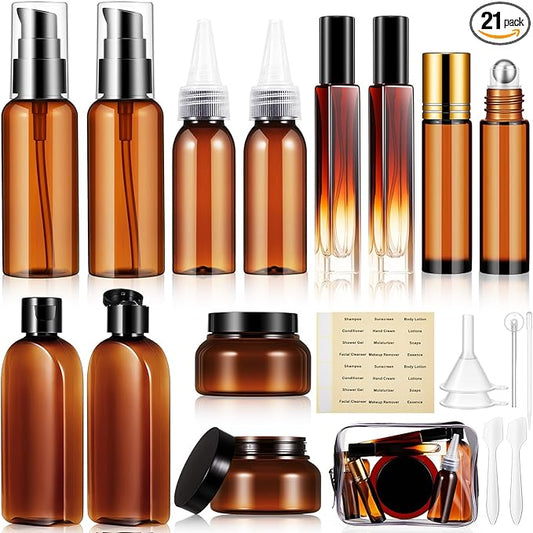 21 Pcs Amber Plastic Travel Toiletry Bottles Set, TSA Approved Travel Containers, Leak Proof Containers with Refillable Squeeze Bottle, Roller Balls, Pump sprayer, Perfume Atomizer, Labels & Funnel