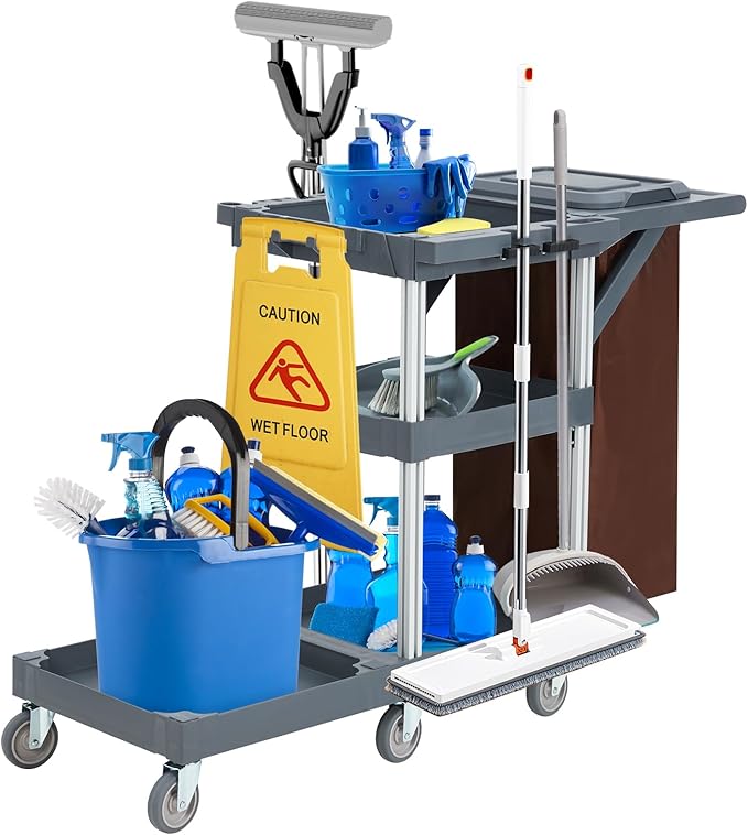 Commercial Janitorial Cleaning Cart on Wheels - Black Housekeeping Caddy with Cover, Shelves and Vinyl Bag
