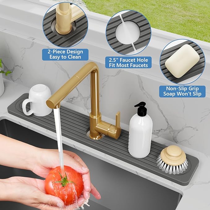 24'' Longer Stone Faucet Mat for Kitchen Sink [Super Absorbent, 30s Quick Drying] Water Absorbing Stone Tray for Sink Stone Mat for Kitchen Sink Stone Quick Dry Around Faucet Diatomite Stone Sink Tray