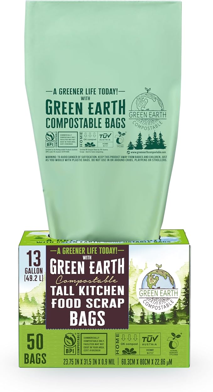 Green Earth Compostable Tall Kitchen Food Scrap Trash Bags, Superior Strength 0.9 Mil, Compost Bin Compatible, 13 Gallon, 49 Liter, 50-Count, ASTM D6400, BPI (US) & OK Compost Home (EU) Certified