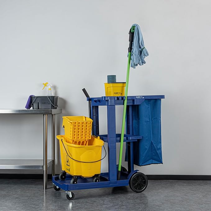 Restaurantware-Clean Tek Professional Janitor Cart with Wheels, 1 Cleaning Trolley with 18 Gallon Bag - 3 Shelves, Heavy-Duty, Blue Plastic Commercial Janitorial Cart, for Restaurants