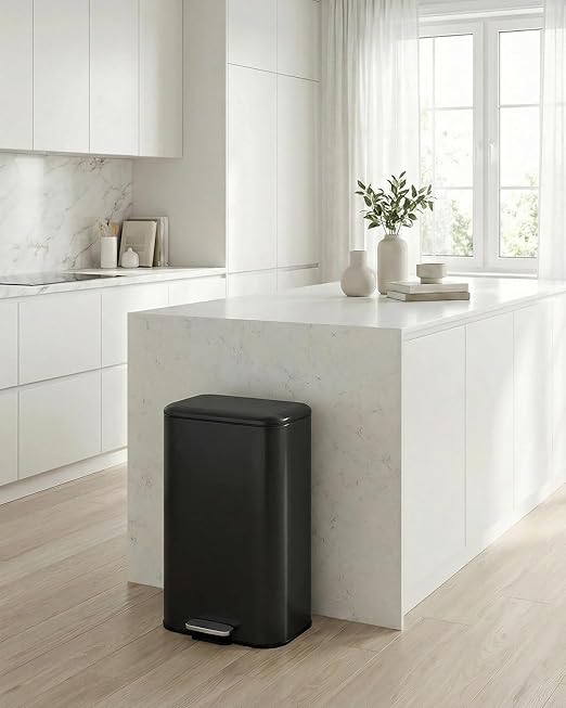 OUTLANE Bathroom Trash Can with Lid Soft Close, Step Pedal, 30 Liter / 8 Gallon Kitchen Trash Can,Stainless Steel Trash Bin for Bedroom, Office, Kitchen, Black