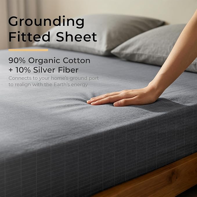 Grounding Sheets Twin XL 10% Silver Fiber Earth Connected Fitted Sheet Kit with Outlet Tester,Adapter,Cord,Wool Dryer Balls,Laundry Bag (39"x80"x15",Gray)