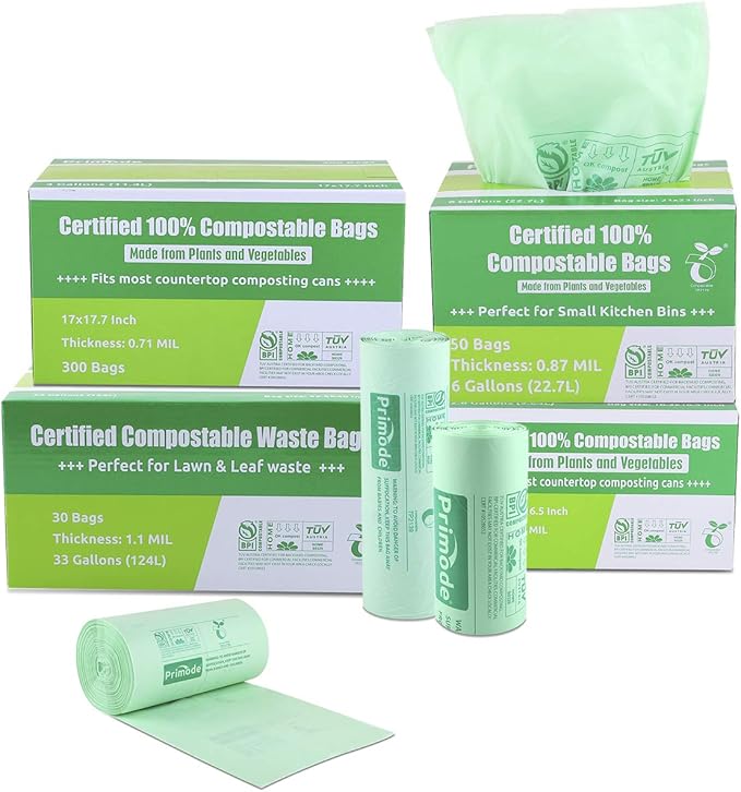 Compostable Bags, 6 Gallon Food Scraps Yard Waste Bags, 100 Count, Extra Thick 0.87 Mil. ASTMD6400 Compost Bags Small Kitchen Trash Bags, Certified By BPI And TÜV AUSTRIA,