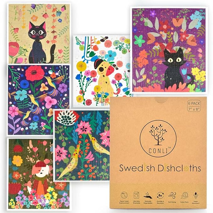 CONLI 6 Pack Swedish Dishcloth Reusable Dish Cleaning Towels Super Absorbent Fast Drying Cloths for Kitchen Cleaning - 6 Assortment Designs (H-Flower CAT Dog)