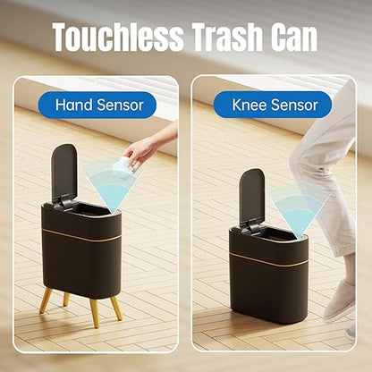 Yatmung Bathroom Trash Can Automatic Touchless Modern Smart Trash Bin - Narrow Waste Basket for Bedroom, Laundry Room, Office, Plastic - Motion Sensor Garbage Can with Lid - Black with Gold Edge