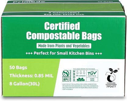 Compostable Bags, 8 Gallon (30L) Food Scraps Yard Waste Bags, Extra Thick 0.85 Mil. ASTM D6400 Compost Bags Small Kitchen Trash Bags, Certified by BPI & TÜV AUSTRIA (50 Count)