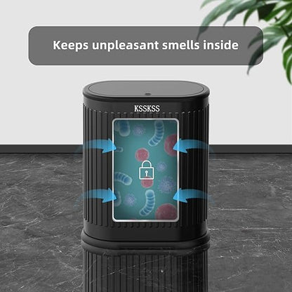 KSSKSS 1.8 Gallons Small Stainless Steel Trash Can with Press Type Lid, Slim Bathroom Garbage Bin, Removable Liner Bucket, Dog Proof Narrow Wastebasket with Pop-Up Lid for Bedroom,Toilet (Matt Black)