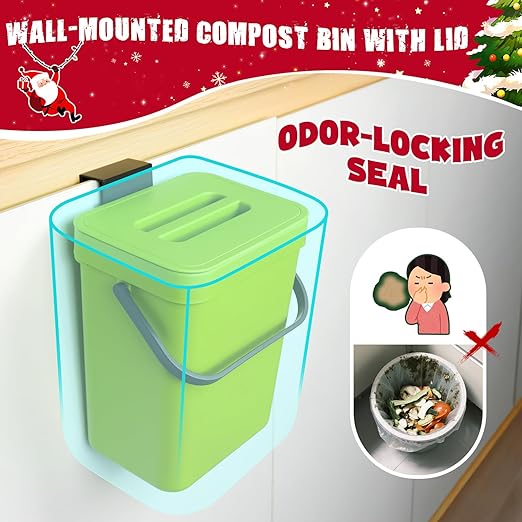 Kitchen Waste Bin with Hooks 5L, Indoor Kitchen Sealed Under Sink for Kitchen, Food Waste Bin for Countertop (DarkGreen)