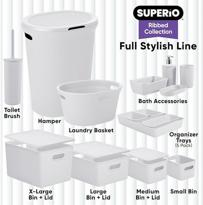 Superio Ribbed Collection - Decorative Plastic Toilet Bowl Brush and Holder Set, White Smoke (1 Pack) Cleaner Scrubber for Bathroom