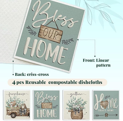 Bless This Home Swedish Dishcloths for Kitchen, Christian Swedish Dish Cloths, 4 Pack Reusable Paper Towels, Cotton and Wood Pulp, 6.7 x 7.5 inches