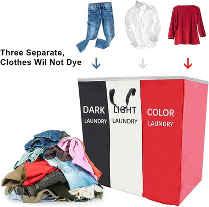 168L Laundry Hamper, Large Blanket Storage Basket Sorter 3 Section Bag Organizer for Dirty Clothes - Toys - Towel,15 X 23 X 28 inch Heavy Duty Laundry Cart Baskets (Black and white red bag)