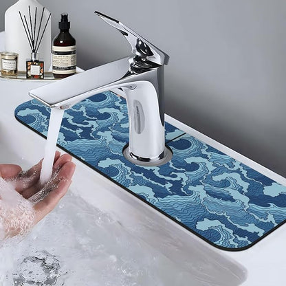 Waves Japan Blue 15" X 5.5" Kitchen Sink Splash Guard Faucet Faucet Guard Draining Mat Sink Splash Guard Faucet Kitchen Bathroom