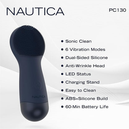 Nautica PC130 Sonic Facial Cleansing Brush Made with Ultra Hygienic Soft Silicone, Waterproof and Rechargeable Face Scrub Brush for Men & Women - (Navy)