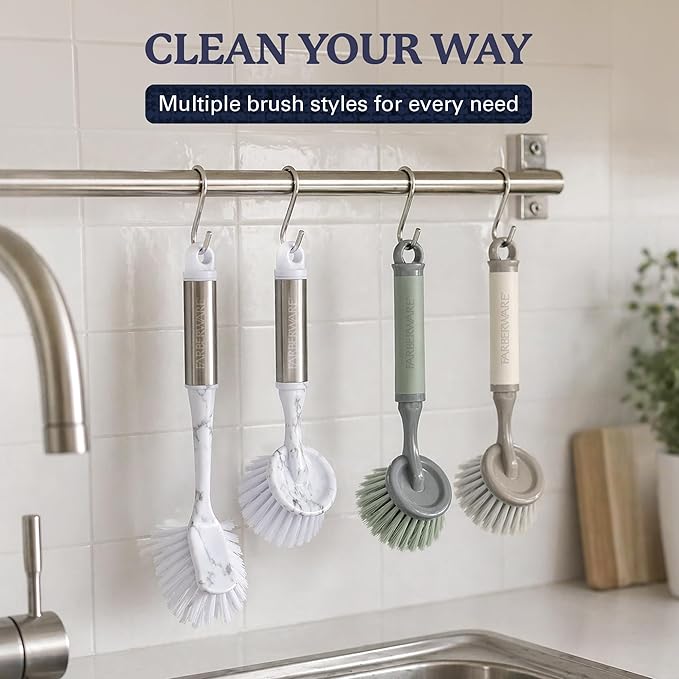 Farberware Dish Brush with Handle – 2 Pack Kitchen Scrub Brush for Dishes, Non-Scratch Dishwashing Brush Set with Firm Bristles for Pots, Pans, & Sink, Soft Grip Handles for Everyday Cleaning