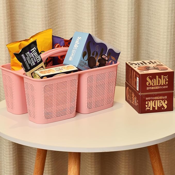 Plastic Pink Shower Caddy Basket, Divided Cleaning Portable Shower Basket with Handle Compartments Storage Organizer for Bathroom, College, Kitchen, Dorm Room Essentials