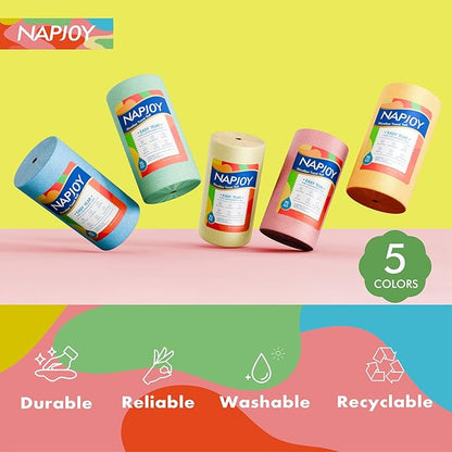 Napjoy Microfiber Cleaning Cloth Roll, 75PK Easy Tear Away Reusable Paper Towels, 12" x 12", Lint-Free and Scratch-Free with Patented Fiber Technology Microfiber Towel Roll, Green