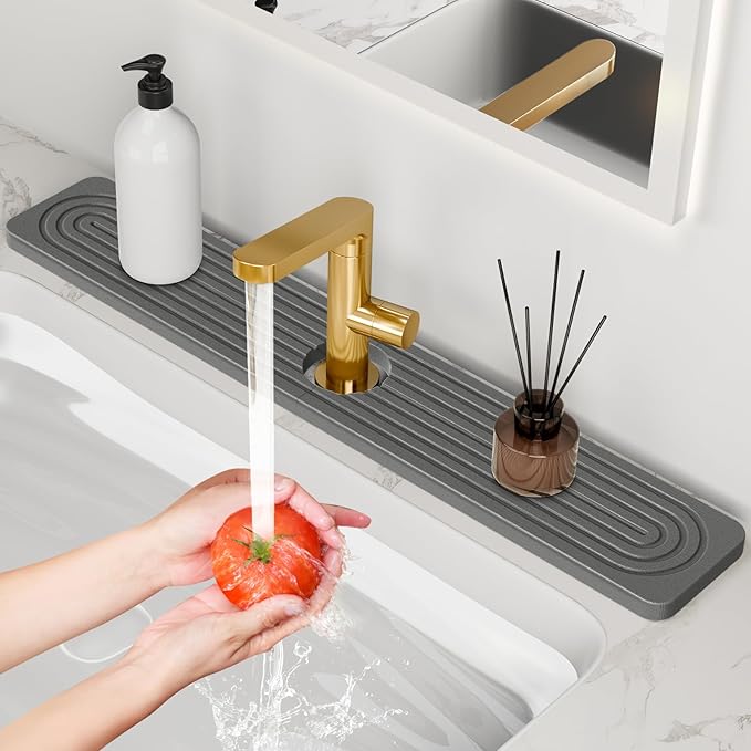 24'' Longer Stone Faucet Mat for Kitchen Sink [Super Absorbent, 30s Quick Drying] Water Absorbing Stone Tray for Sink Stone Mat for Kitchen Sink Stone Quick Dry Around Faucet Diatomite Stone Sink Tray