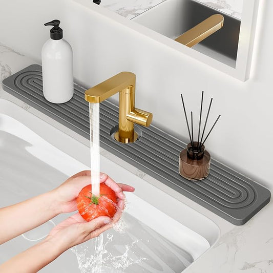 24'' Longer Stone Faucet Mat for Kitchen Sink [Super Absorbent, 30s Quick Drying] Water Absorbing Stone Tray for Sink Stone Mat for Kitchen Sink Stone Quick Dry Around Faucet Diatomite Stone Sink Tray