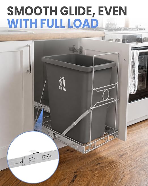Stainless Steel Slide-Out Trash Bin Rack, Enhanced Heavy-Duty Cabinet Pull-Out System for 7–11 Gallon Cans, Silver (Bin Not Included)