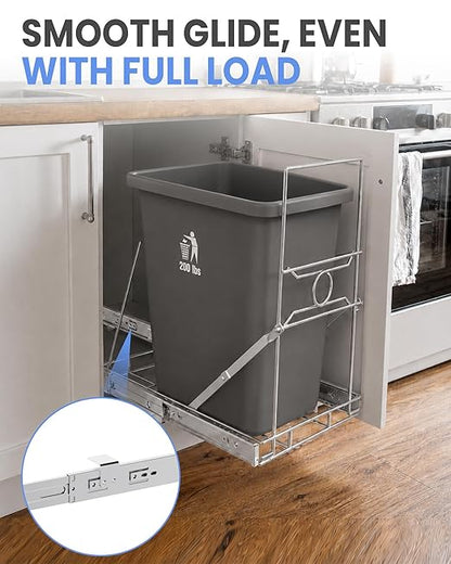 Stainless Steel Slide-Out Trash Bin Rack, Enhanced Heavy-Duty Cabinet Pull-Out System for 7–11 Gallon Cans, Silver (Bin Not Included)