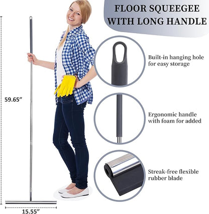 Professional Heavy-Duty Floor Squeegee, 15" Wide Silicone Blade & 19"-59" Adjustable Pole, for Garage Floor, Driveway, Tile & Patio – Effortless Water Removal, Rust-Proof