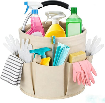 17L Foldable Cleaning Caddy with Handle - Portable Oxford Fabric Storage Bucket, Organiser for Cleaning Supplies, Toiletries, Home, Garden, Picnic & Beach (Beige)