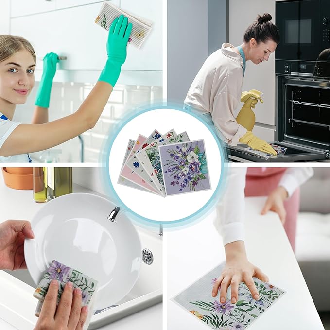 Swedish Kitchen Dish Cloths - 6 Pack Reusable Paper Towels for Counters & Dishes - Eco Friendly Cellulose Sponge Cloth (Flower)