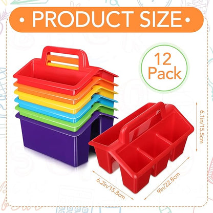 WILLBOND 12 Pcs Classroom Storage Caddies Stackable Utility Caddies with 4 Compartment Plastic Caddy with Handle Portable Storage Bins Organizers for Kids Schools Art Craft Supplies(Colorful)